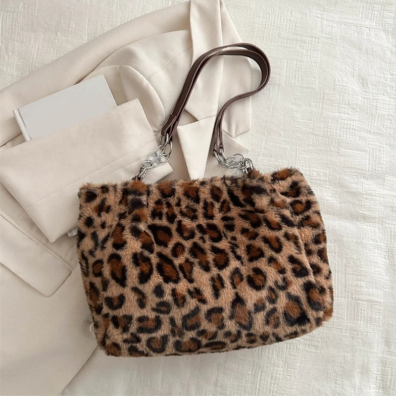 DRESS like US™ Luna Leopard Plush Tote – Faux Fur Winter Crossbody Bag