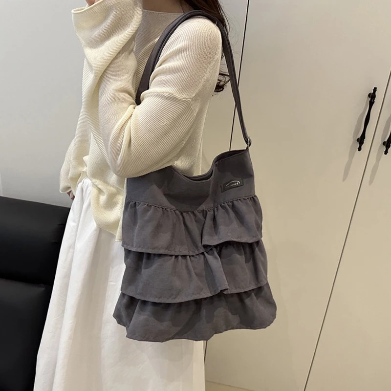 DRESS like US™ Amelie Ruffle Canvas Tote –  Large-Capacity Shoulder Bag