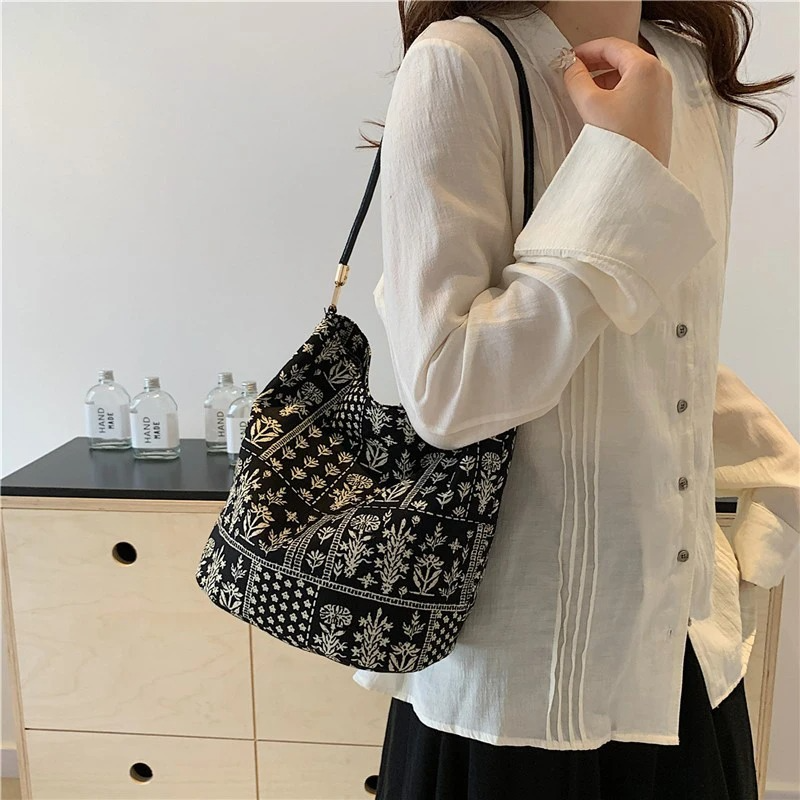 DRESS like US™ Sienna Cotton Bucket Bag – Floral Boho Shoulder Tote