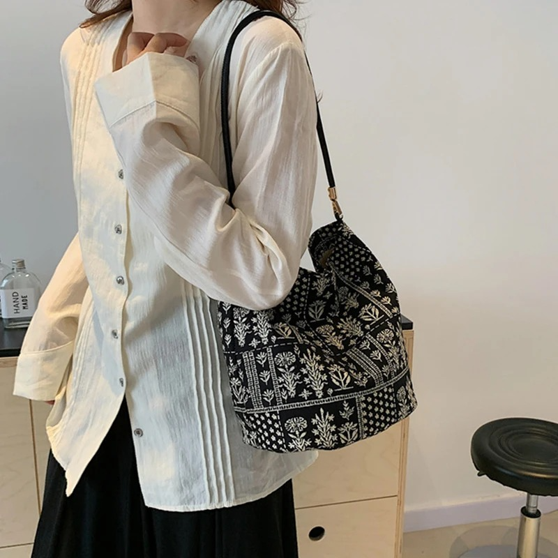 DRESS like US™ Sienna Cotton Bucket Bag – Floral Boho Shoulder Tote