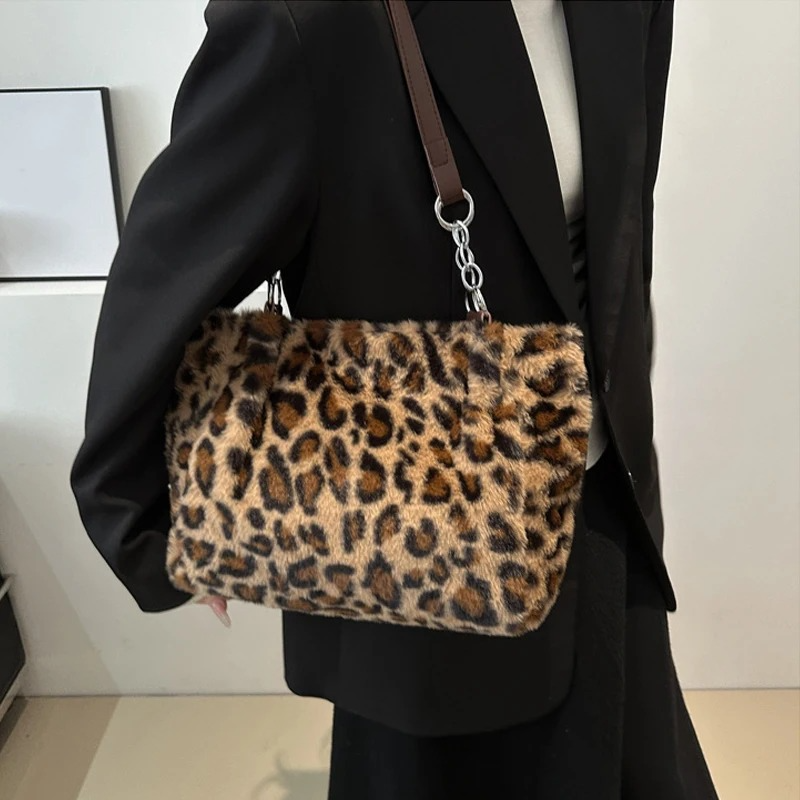 DRESS like US™ Luna Leopard Plush Tote – Faux Fur Winter Crossbody Bag