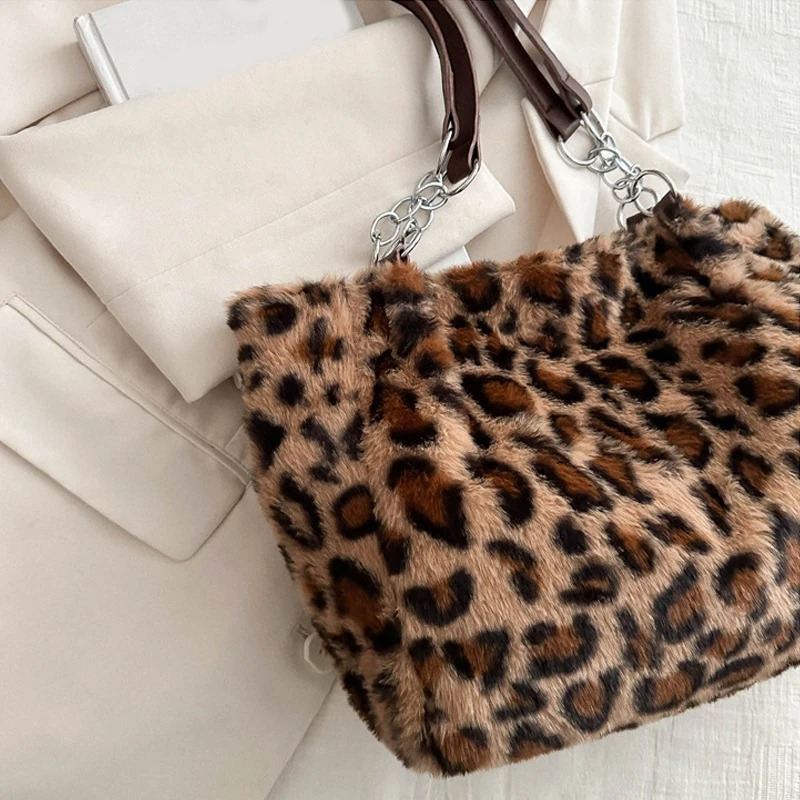 DRESS like US™ Luna Leopard Plush Tote – Faux Fur Winter Crossbody Bag