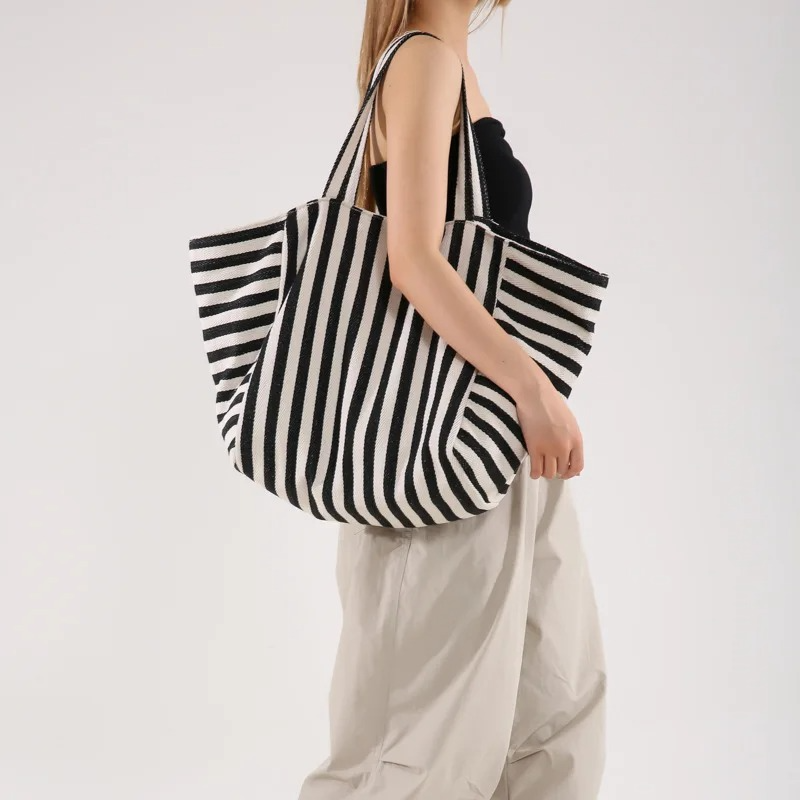 DRESS like US ™ Linera Striped Tote – Stylish Canvas Shoulder & Crossbody Bag