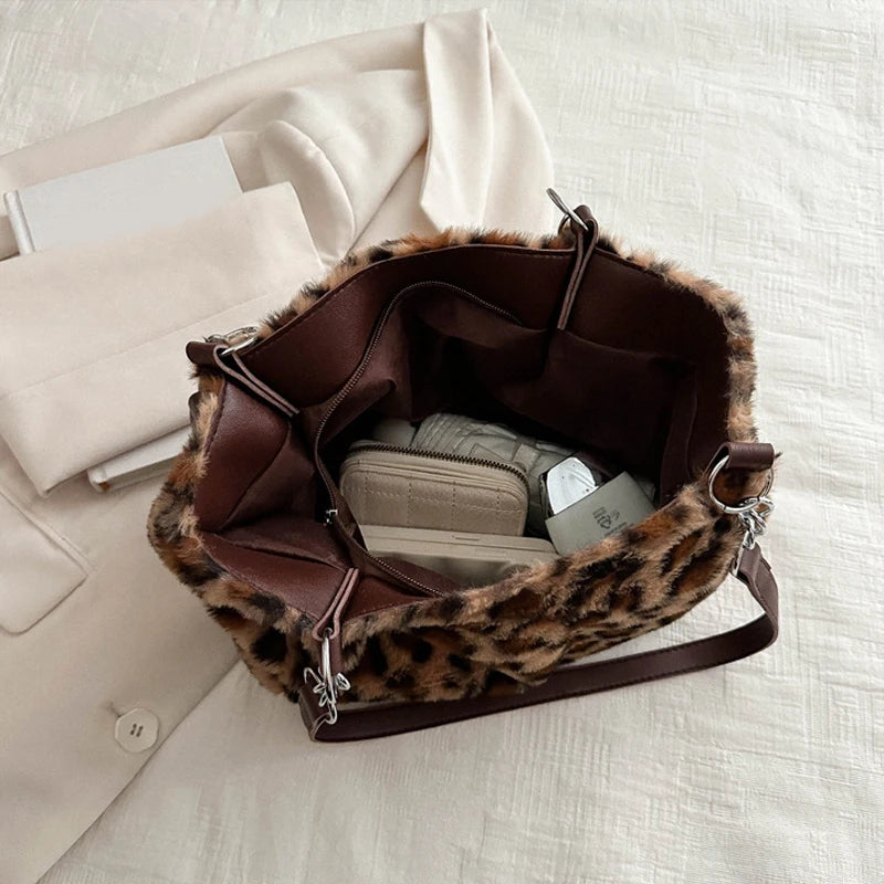 DRESS like US™ Luna Leopard Plush Tote – Faux Fur Winter Crossbody Bag