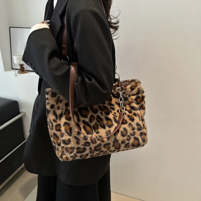 DRESS like US™ Luna Leopard Plush Tote – Faux Fur Winter Crossbody Bag