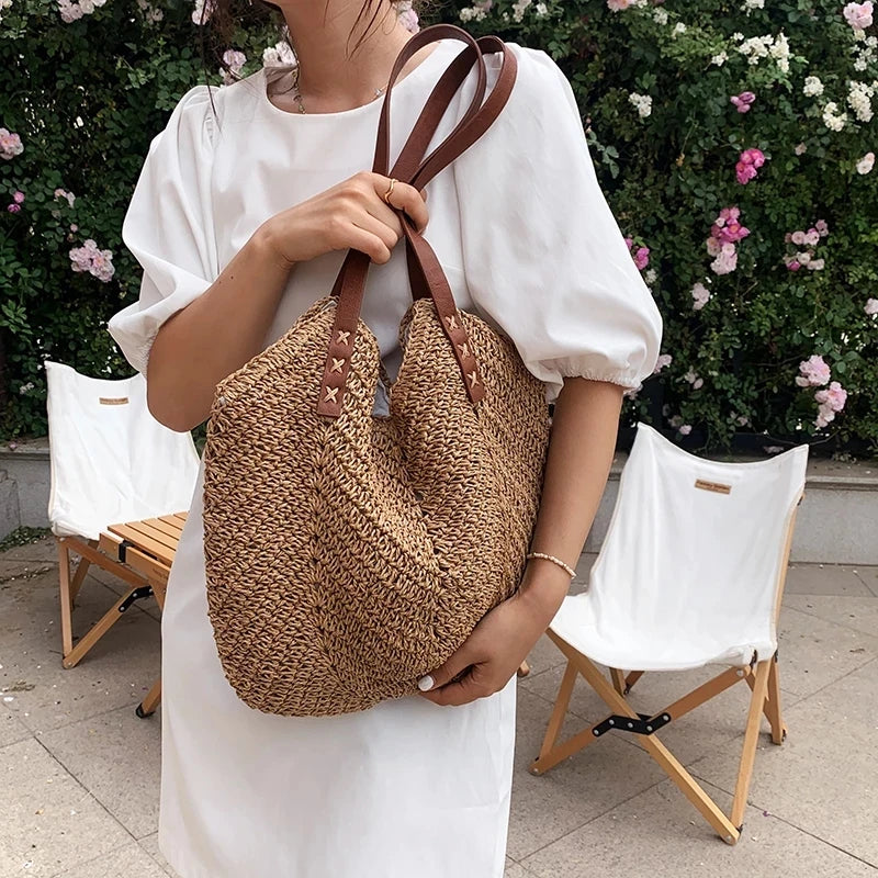 DRESS like US™ Solana Straw Tote – Handmade Large Rattan Shoulder Bag
