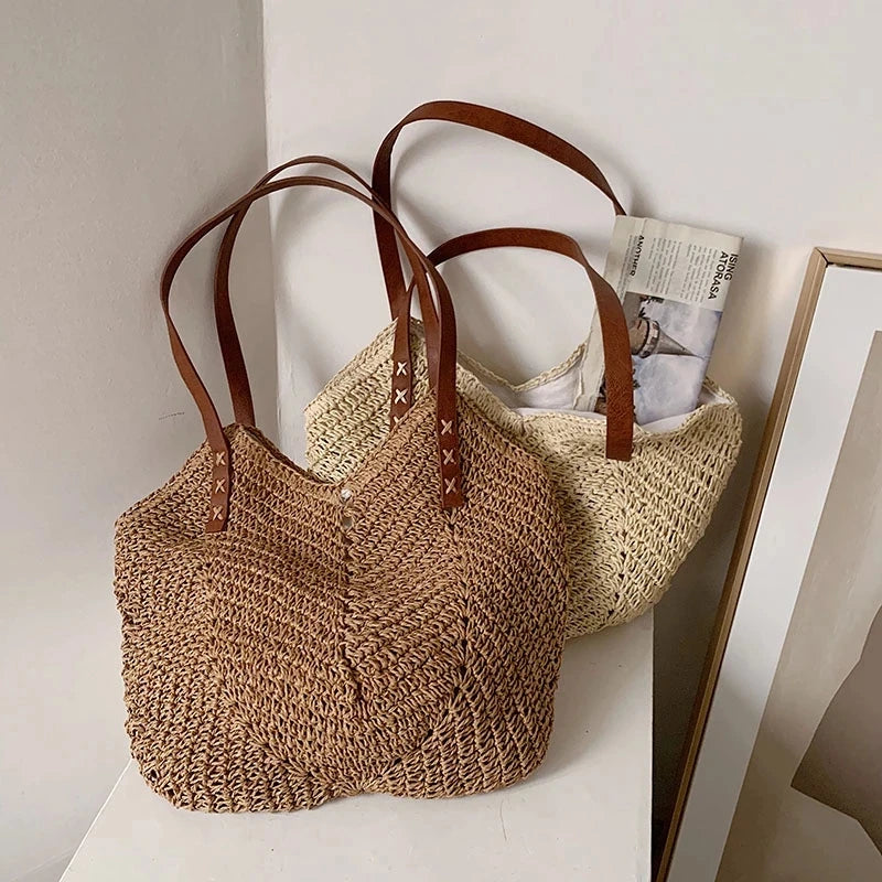DRESS like US™ Solana Straw Tote – Handmade Large Rattan Shoulder Bag