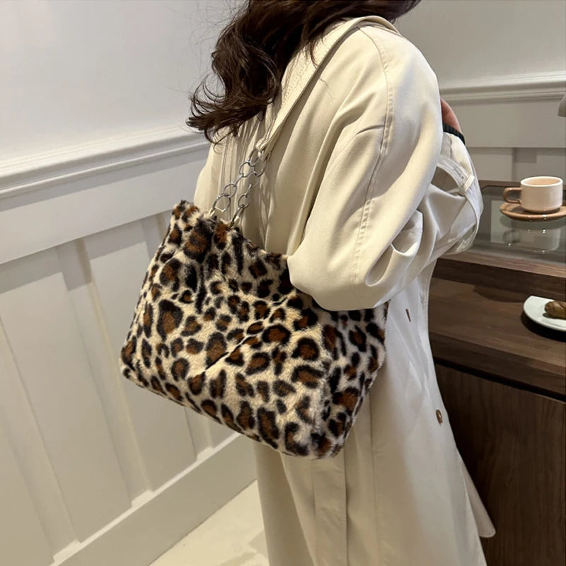 DRESS like US™ Luna Leopard Plush Tote – Faux Fur Winter Crossbody Bag