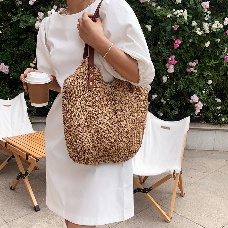 DRESS like US™ Solana Straw Tote – Handmade Large Rattan Shoulder Bag