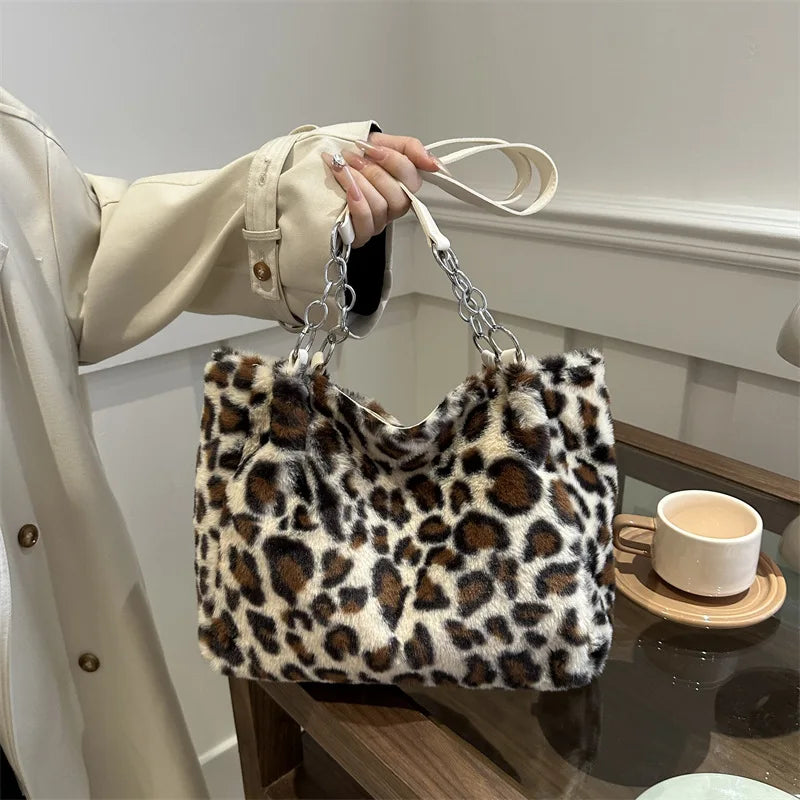 DRESS like US™ Luna Leopard Plush Tote – Faux Fur Winter Crossbody Bag