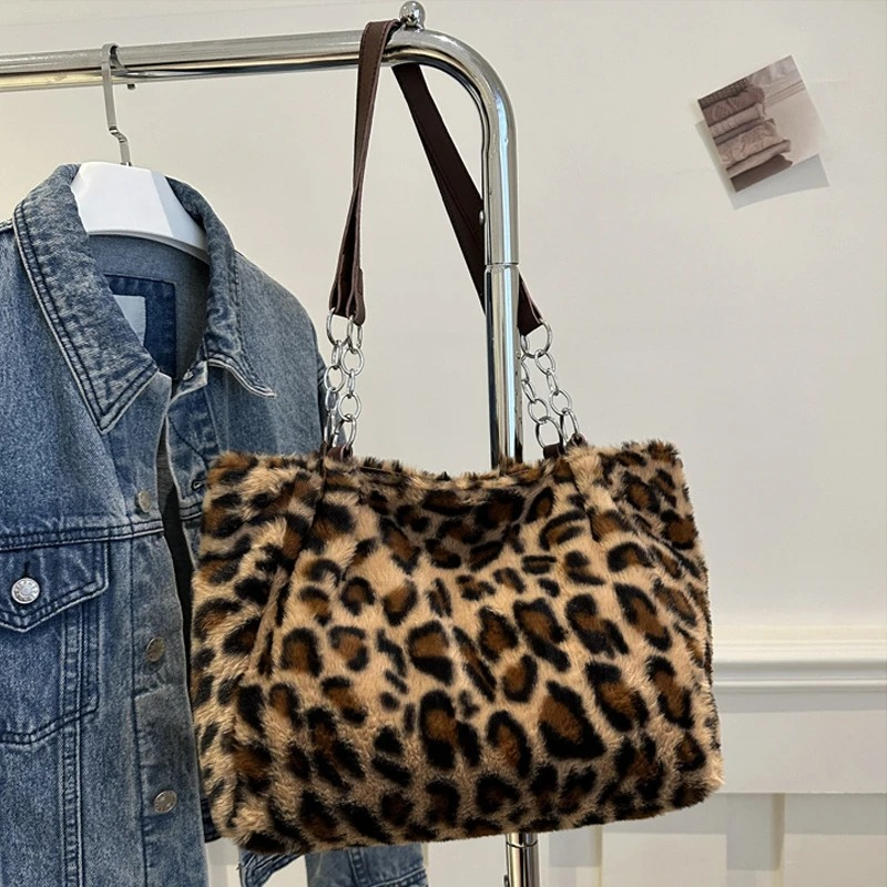 DRESS like US™ Luna Leopard Plush Tote – Faux Fur Winter Crossbody Bag