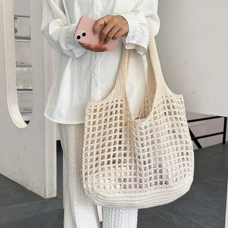 DRESS like US™ Isla Knit Tote – Bohemian Cotton Crochet Shoulder Bag