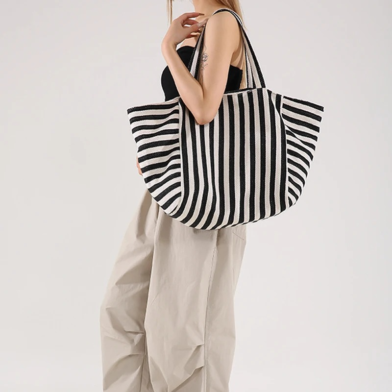 DRESS like US ™ Linera Striped Tote – Stylish Canvas Shoulder & Crossbody Bag