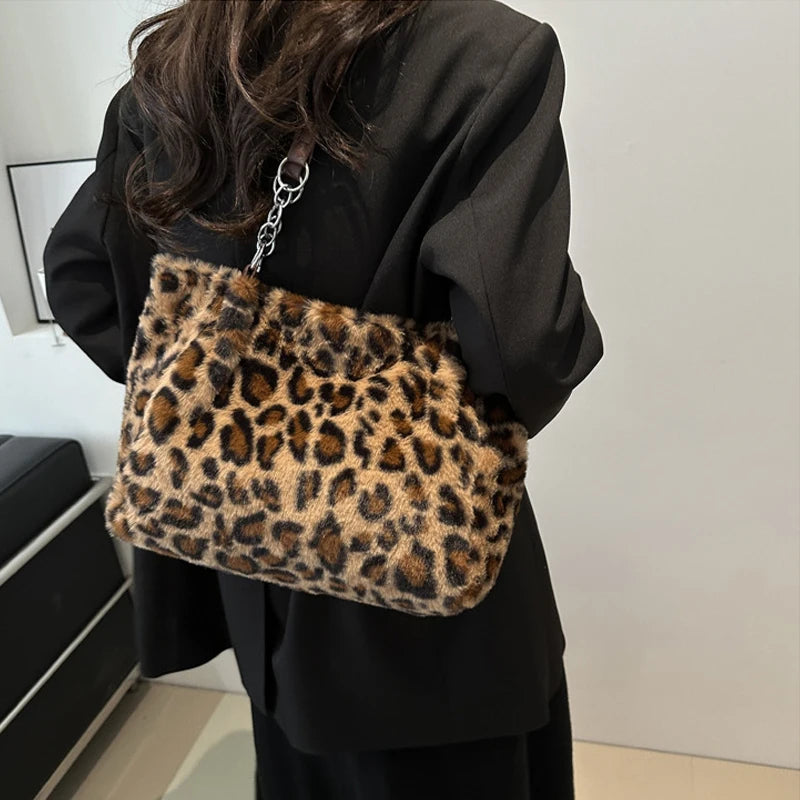 DRESS like US™ Luna Leopard Plush Tote – Faux Fur Winter Crossbody Bag