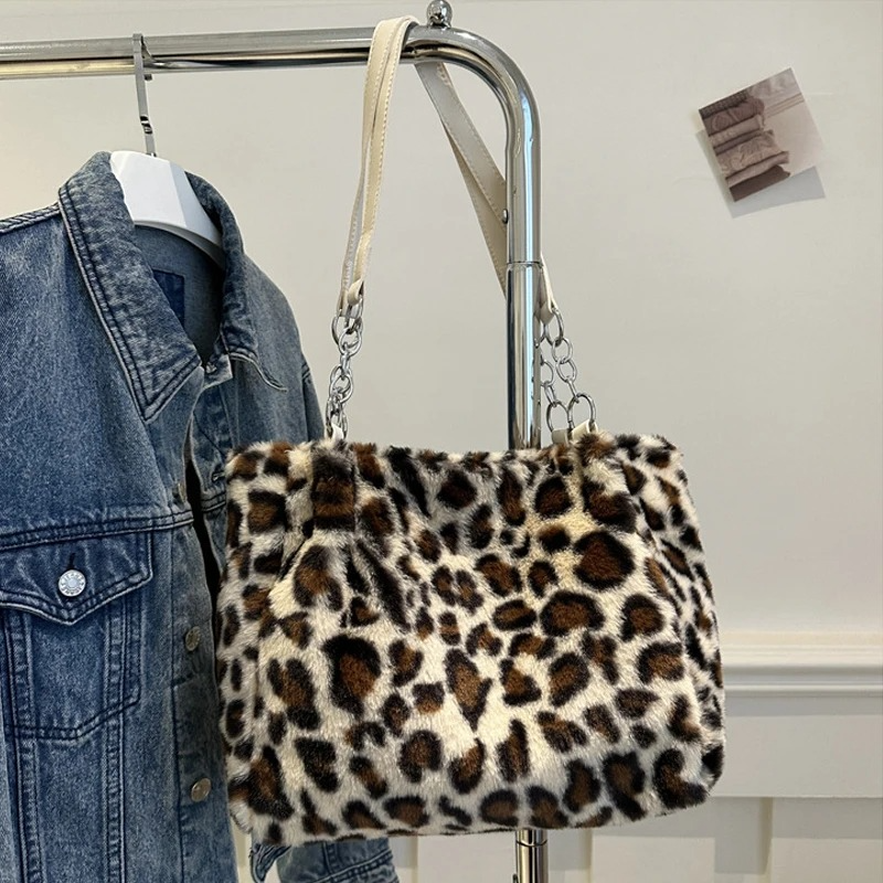 DRESS like US™ Luna Leopard Plush Tote – Faux Fur Winter Crossbody Bag