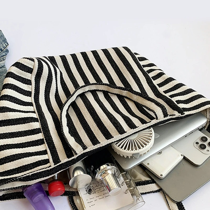 DRESS like US ™ Linera Striped Tote – Stylish Canvas Shoulder & Crossbody Bag