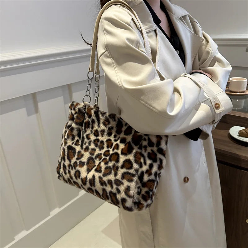 DRESS like US™ Luna Leopard Plush Tote – Faux Fur Winter Crossbody Bag