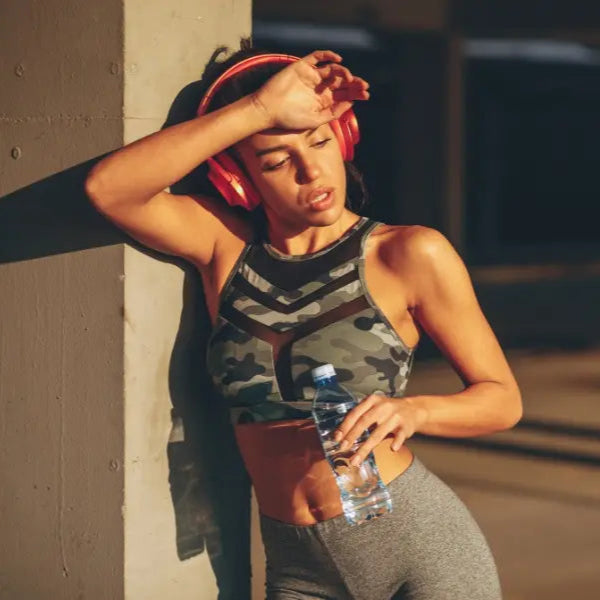 Woman in athletic wear holding a water bottle, leaning against a wall.